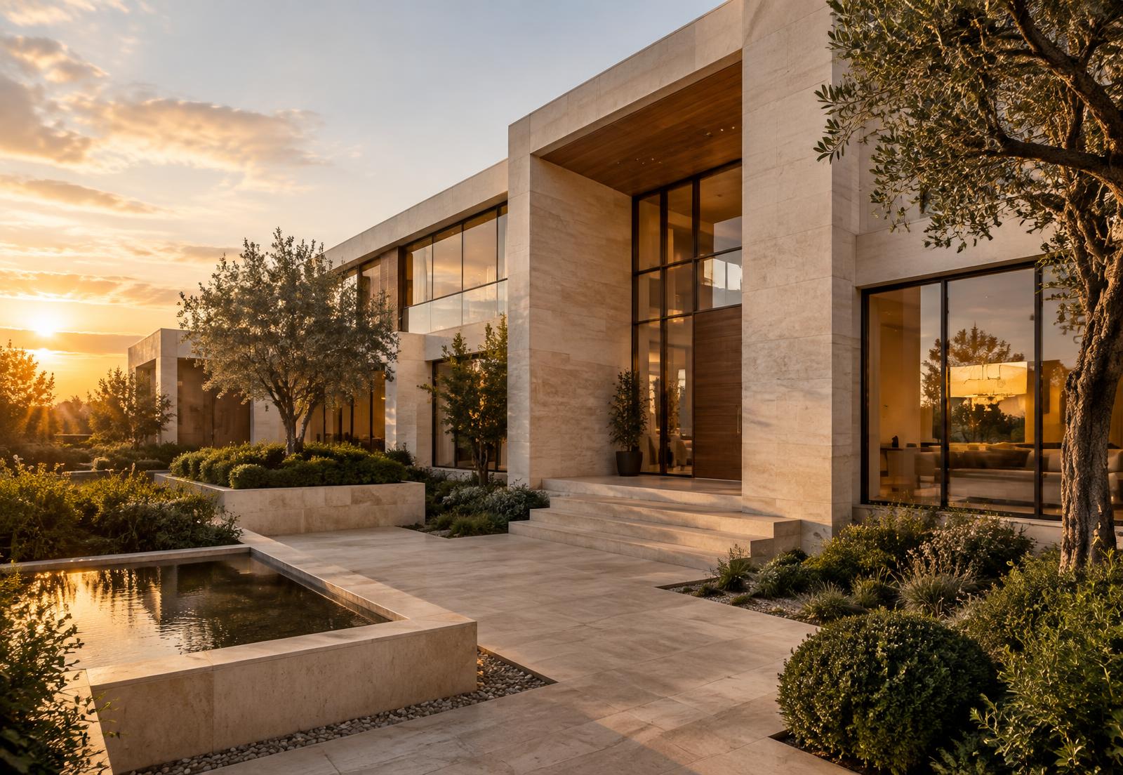 Contemporary residence clad in warm natural stone