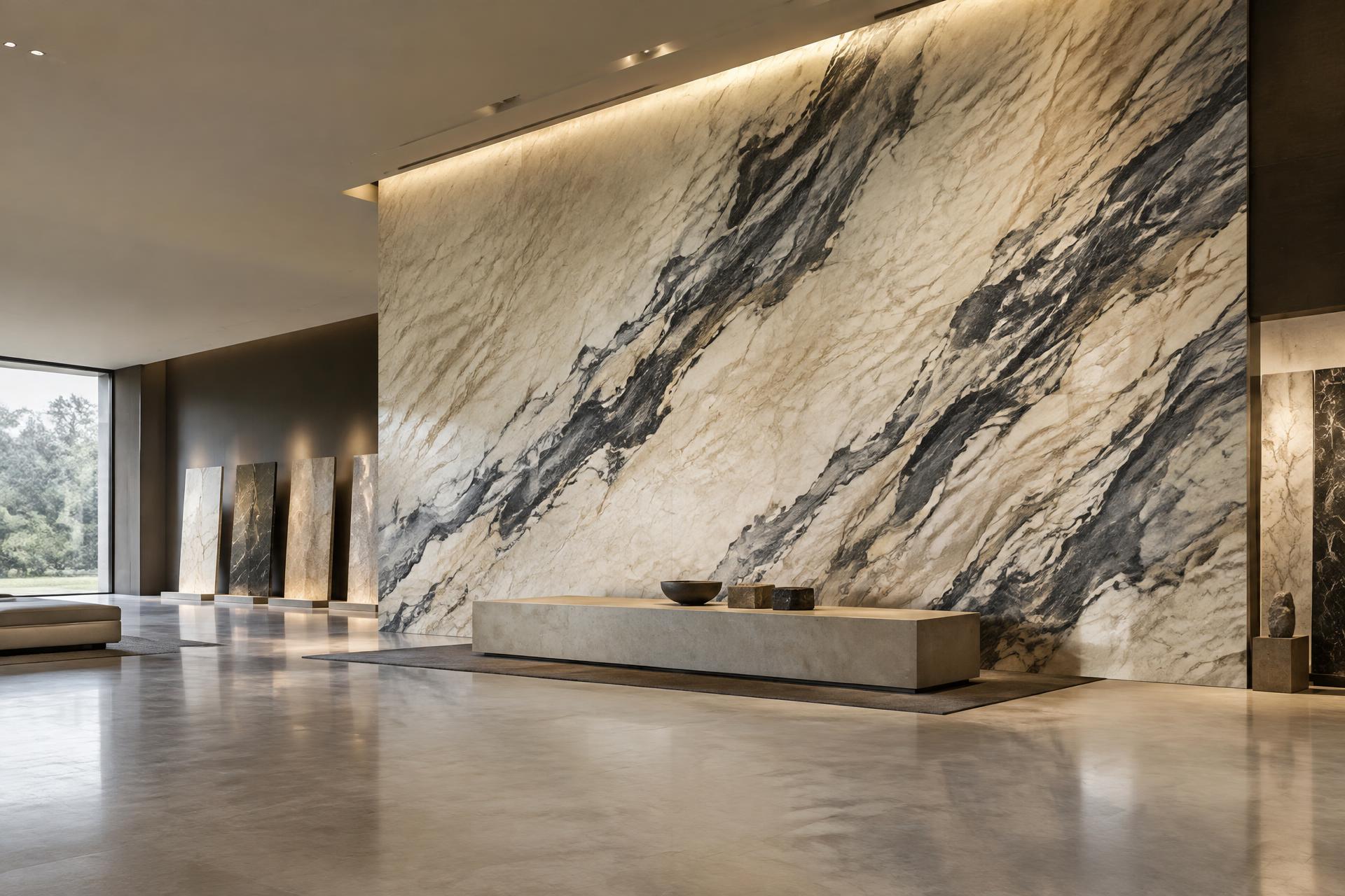 Luxury interior featuring a monumental natural stone wall